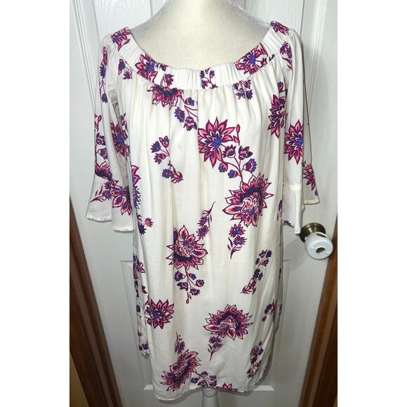 Old Navy Mini Dress Shift Dress Bell Sleeve Off Shoulder White/Pink Floral M - Picture 1 of 2